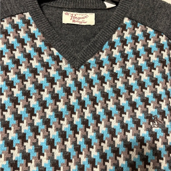 Original Penguin Charcoal Turquoise V Neck Lambswool Sweater, Geometric, Office. - Picture 5 of 11